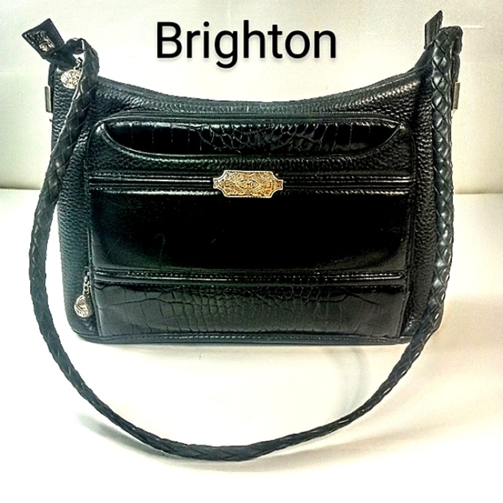 Brighton Black Leather Bucket Shoulder Bag Etched Silver Multiple Compartments